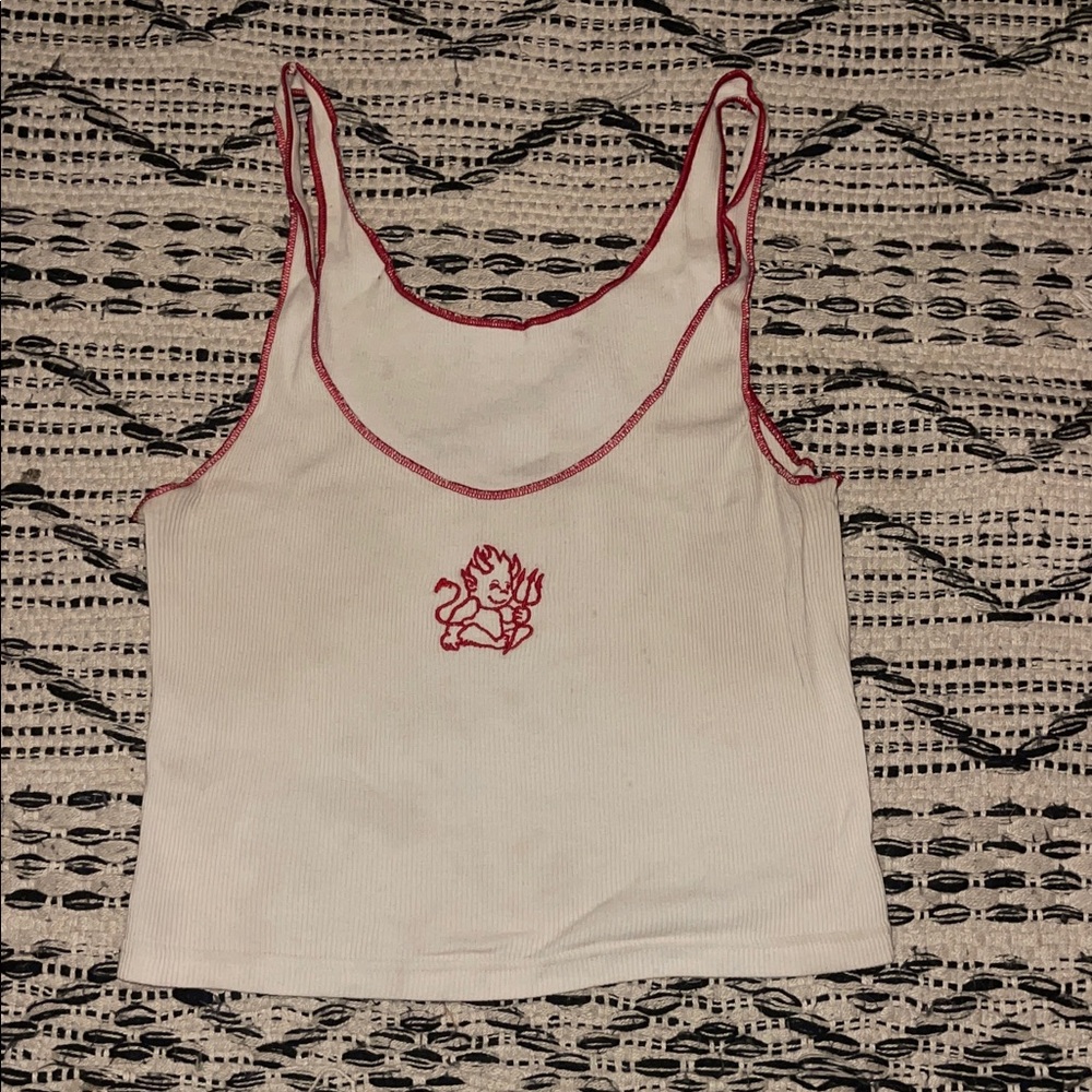 Brandy Melville White Tank Top with Red Embroidery